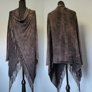 T Party Boho Fringe Poncho Cardigan Size Small Heather Grey